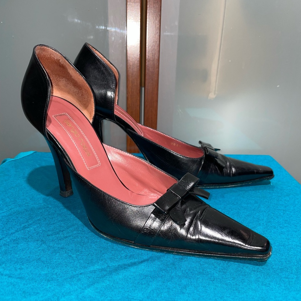 SERGIO ROSSI Black Leather D’Orsay Bow Accent Heels Pumps Size 7.5